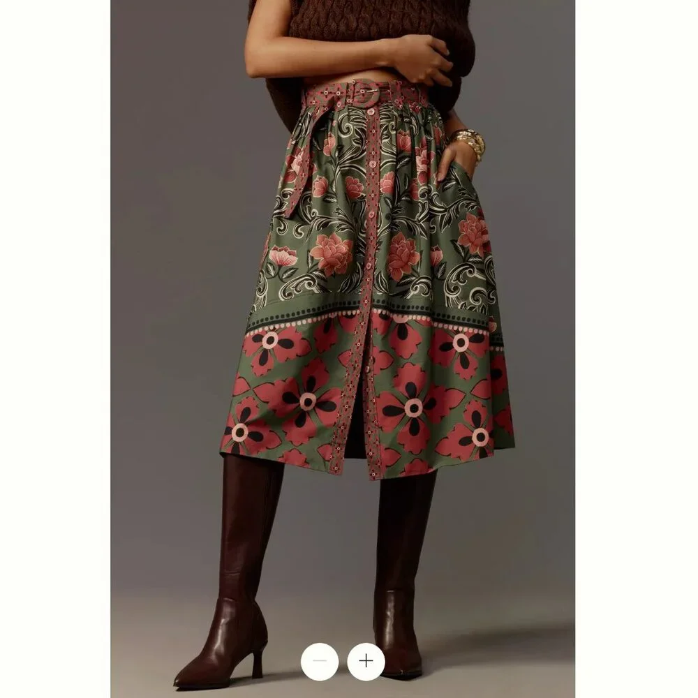 FARM Rio Arabesque Floral Green Buttons Midi Skirt, NWT π§π· - Picture 8 of 16